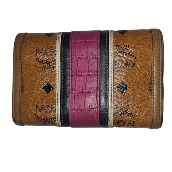 MCM Germany Monogram Munchen Visetos Pink Brown Stripes Bi-fold Wallet Luxury - Picture 2 of 6